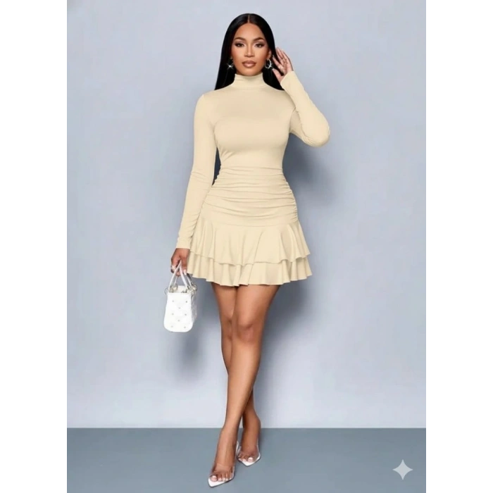 Kadın Uzun Kollu Balıkçı Yaka Mini Fırfırlı Sandy Elbise