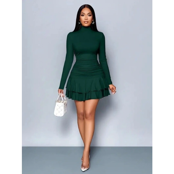 Kadın Uzun Kollu Balıkçı Yaka Mini Fırfırlı Sandy Elbise