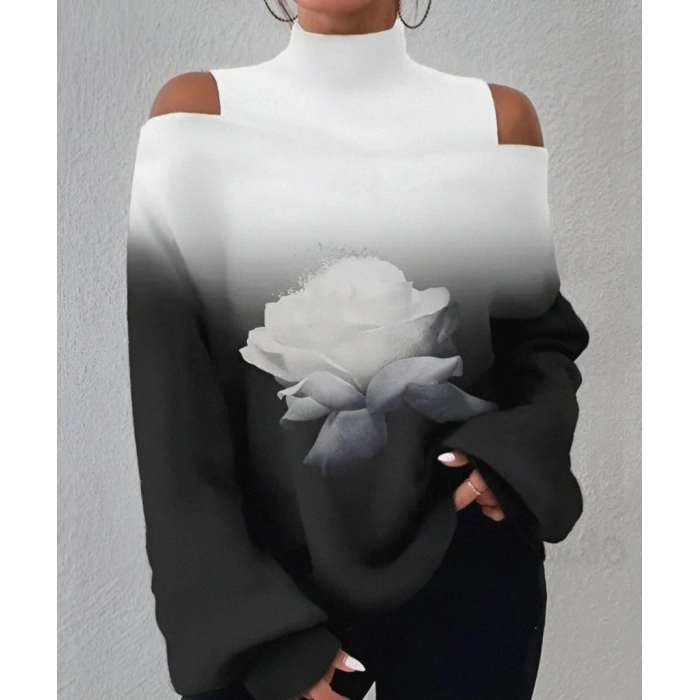 Kadın Uzun Kollu Balıkçı Yaka Omuz Pencereli Gül Dijital Baskılı şardonlu Dalgıç Salaş Bluz