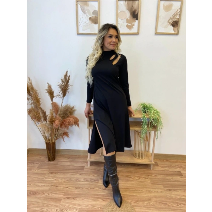 Kadın Uzun Kollu Balıkçı Yaka Omuzda Damla Detaylı Yırtmaçlı Krep Midi Elbise