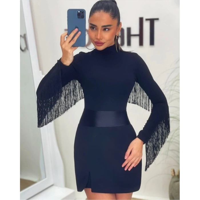 Kadın Uzun Kollu Balıkçı Yaka Püsküllü Kuşaklı Ithal Krep Tulum