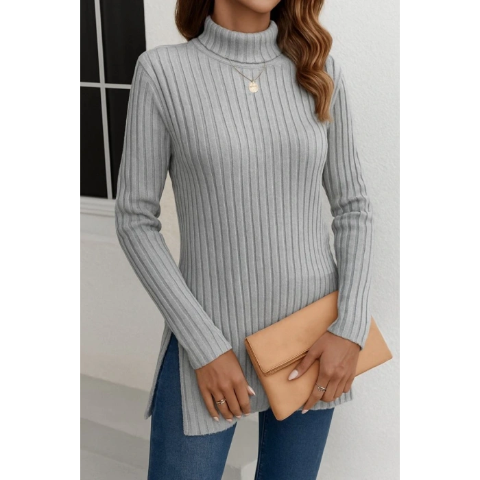 Kadın Uzun Kollu Balıkçı Yaka Yandan Yırtmaçlı şardonlu Kaşkorse Bluz