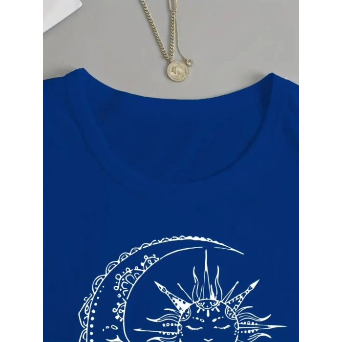 Kadın Uzun Kollu Bisiklet Yaka Ay Baskılı Viskon Bluz