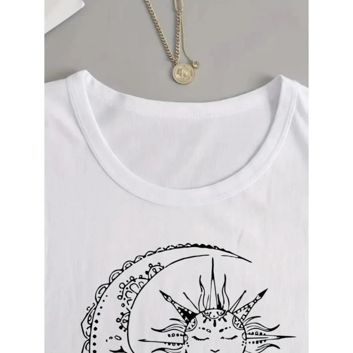 Kadın Uzun Kollu Bisiklet Yaka Ay Baskılı Viskon Bluz