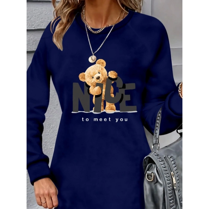 Kadın Uzun Kollu Bisiklet Yaka Ayı Desenli Viskon Iki Iplik Elbise