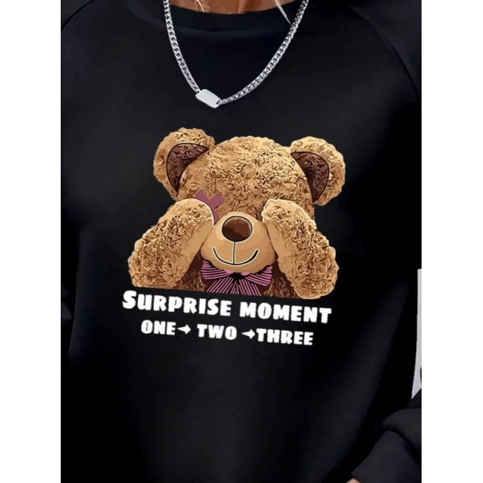 Kadın Uzun Kollu Bisiklet Yaka Ayıcık Desenli Viskon Iki Iplik Bluz