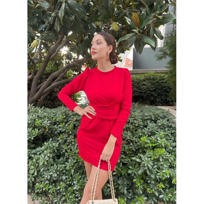 Kadın Uzun Kollu Bisiklet Yaka Bel Kemer Detay Ithal Krep Elbise