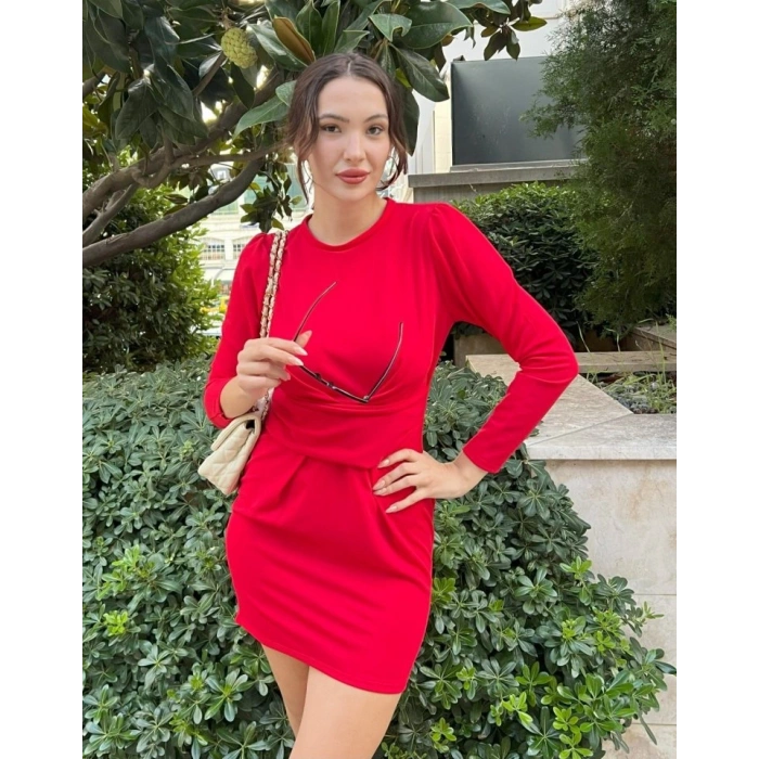 Kadın Uzun Kollu Bisiklet Yaka Bel Kemer Detay Ithal Krep Elbise