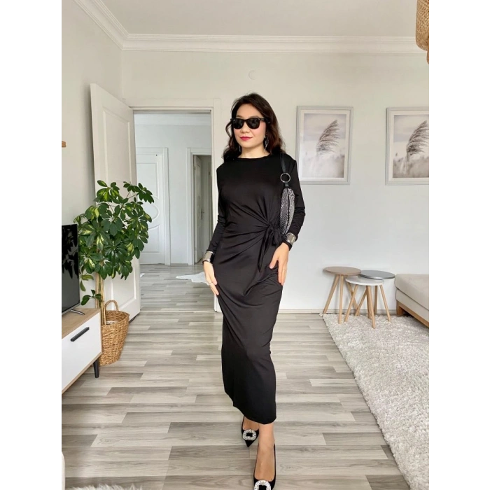 Kadın Uzun Kollu Bisiklet Yaka Belden çapraz Bağlamalı Yandan Yırtmaçlı Uzun Viskon Iki Iplik Elbise