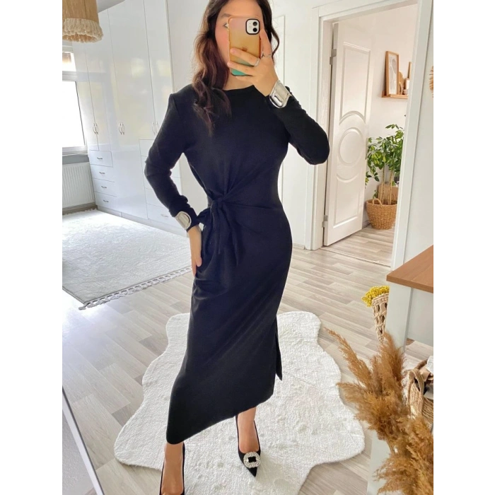 Kadın Uzun Kollu Bisiklet Yaka Belden çapraz Bağlamalı Yandan Yırtmaçlı Uzun Viskon Iki Iplik Elbise