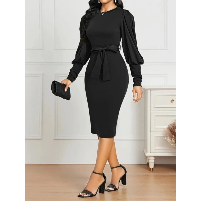Kadın Uzun Kollu Bisiklet Yaka Beli Kuşaklı Ithal Krep Midi Elbise