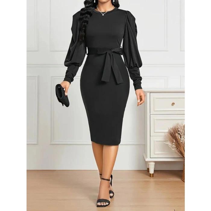 Kadın Uzun Kollu Bisiklet Yaka Beli Kuşaklı Ithal Krep Midi Elbise