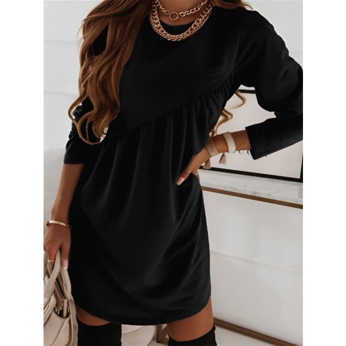 Kadın Uzun Kollu Bisiklet Yaka çapraz Büzgü Detay Iki Iplik Mini Boy Elbise