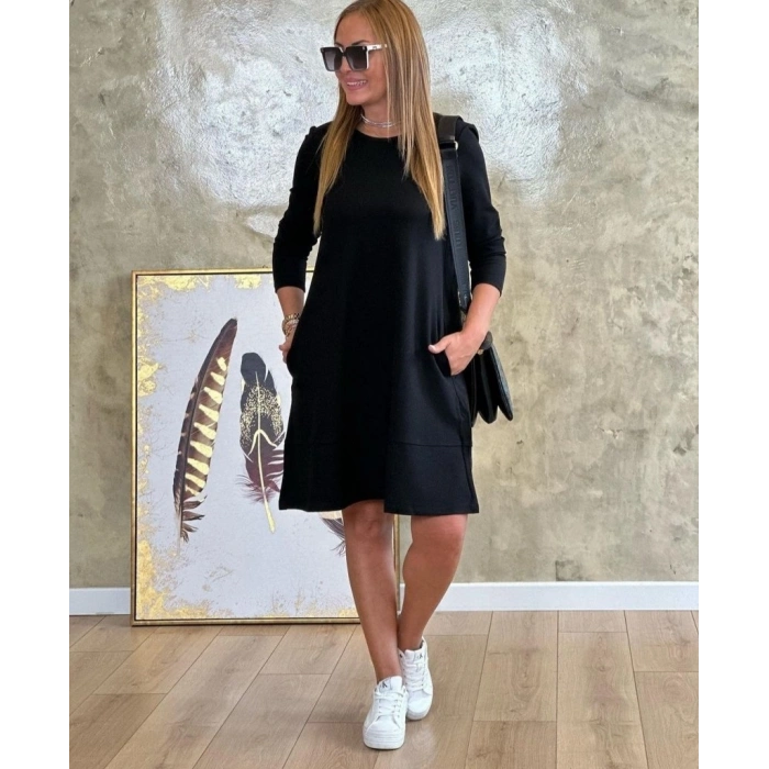 Kadın Uzun Kollu Bisiklet Yaka Cep Detay Etek Ucu Volanlı Iki Iplik Elbise