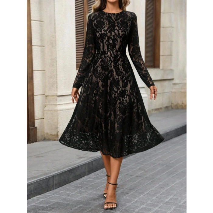 Kadın Uzun Kollu Bisiklet Yaka Dantelli Astarlı Midi Elbise