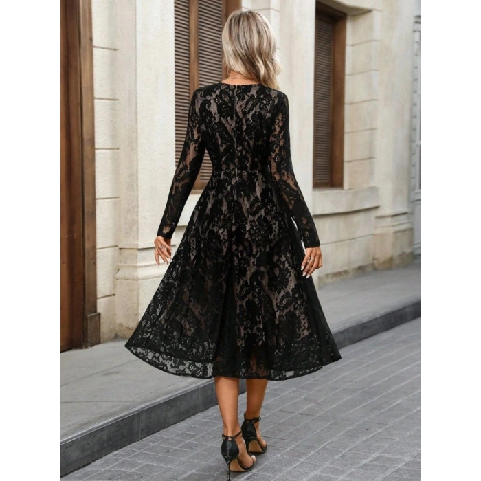 Kadın Uzun Kollu Bisiklet Yaka Dantelli Astarlı Midi Elbise