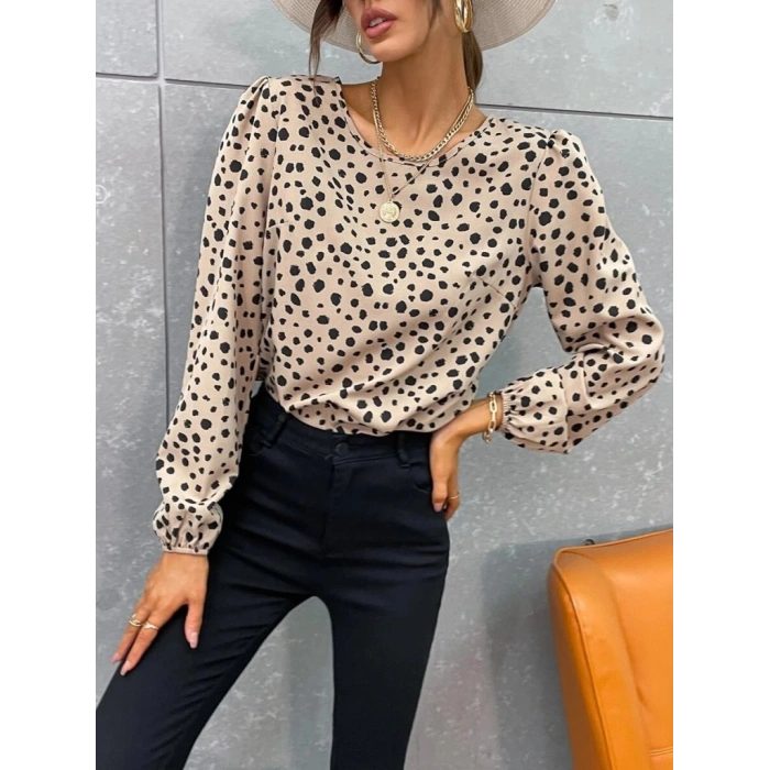 Kadın Uzun Kollu Bisiklet Yaka Desenli Bluz
