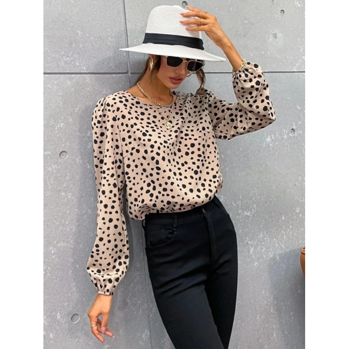 Kadın Uzun Kollu Bisiklet Yaka Desenli Bluz