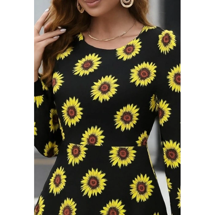 Kadın Uzun Kollu Bisiklet Yaka Desenli Kısa Krep Elbise