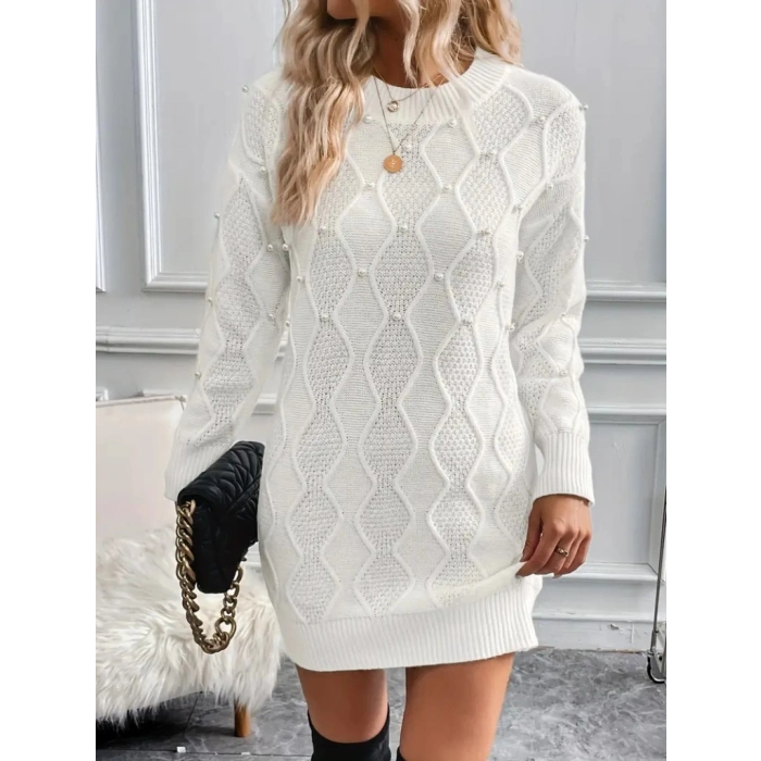 Kadın Uzun Kollu Bisiklet Yaka Desenli Triko Elbise