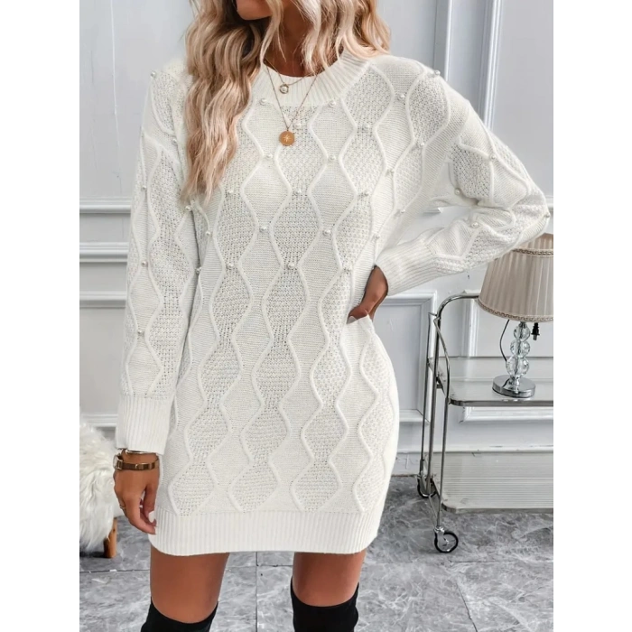 Kadın Uzun Kollu Bisiklet Yaka Desenli Triko Elbise