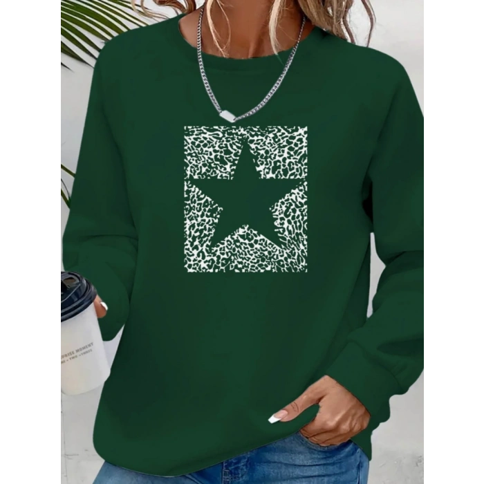 Kadın Uzun Kollu Bisiklet Yaka Desenli Viskon Iki Iplik Bluz