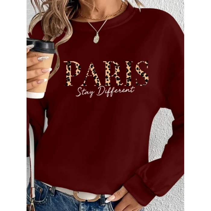 Kadın Uzun Kollu Bisiklet Yaka Desenli Viskon Iki Iplik Bluz