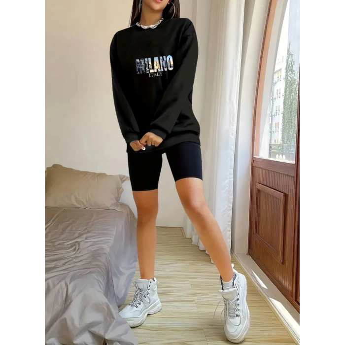 Kadın Uzun Kollu Bisiklet Yaka Desenli Viskon Iki Iplik Bluz