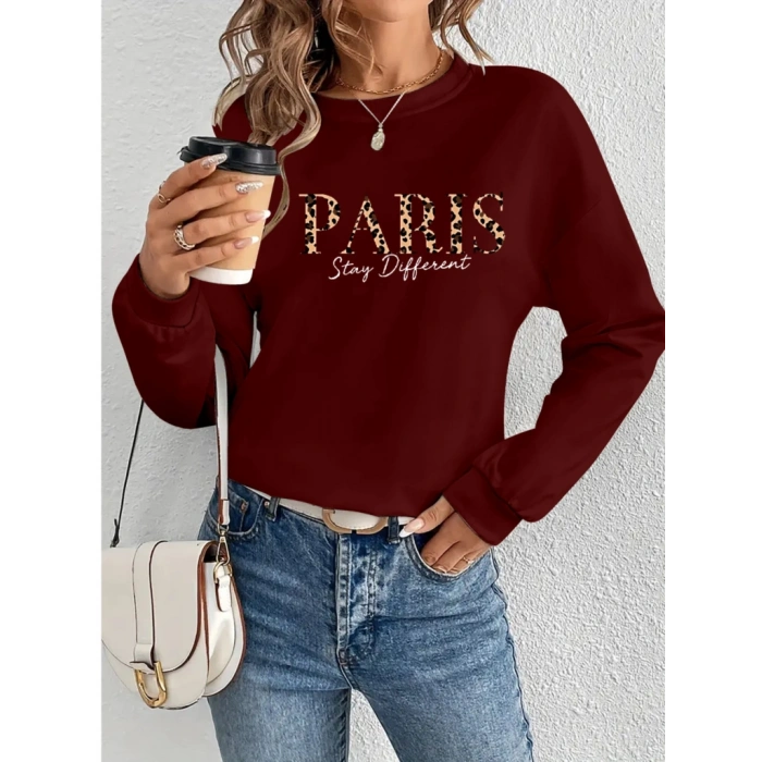 Kadın Uzun Kollu Bisiklet Yaka Desenli Viskon Iki Iplik Bluz