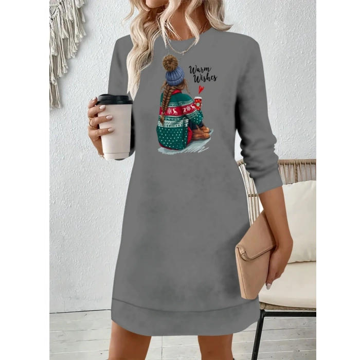 Kadın Uzun Kollu Bisiklet Yaka Desenli Viskon Iki Iplik Elbise