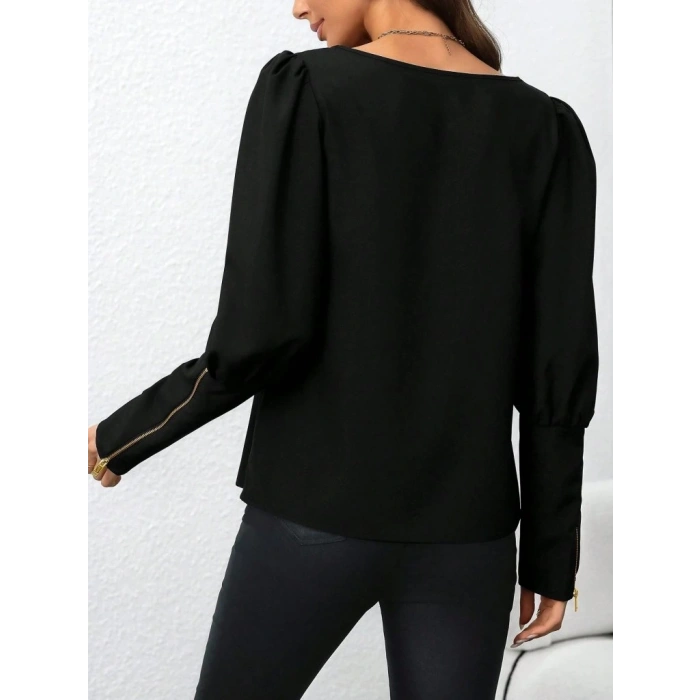 Kadın Uzun Kollu Bisiklet Yaka Fermuar Detaylı Ithal Krep Bluz