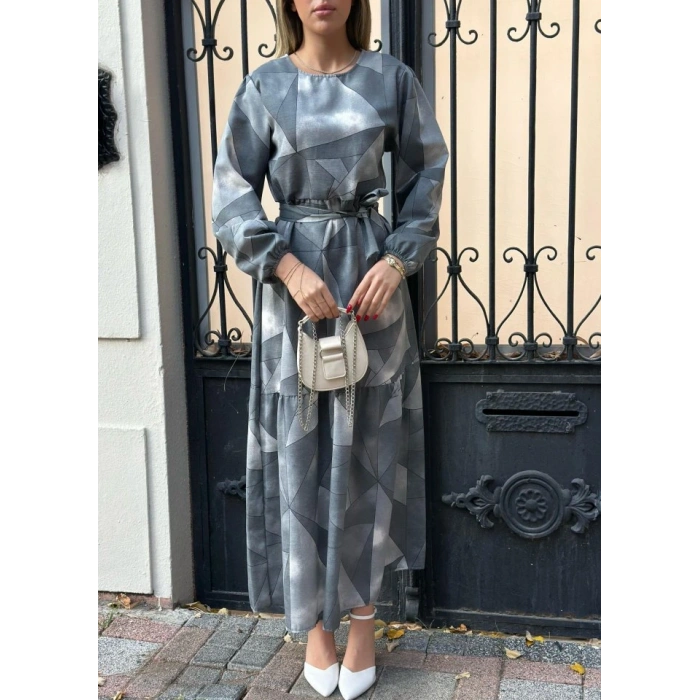 Kadın Uzun Kollu Bisiklet Yaka Geometrik Desen Baskılı Kuşak Dahil Maxi Boy Elbise