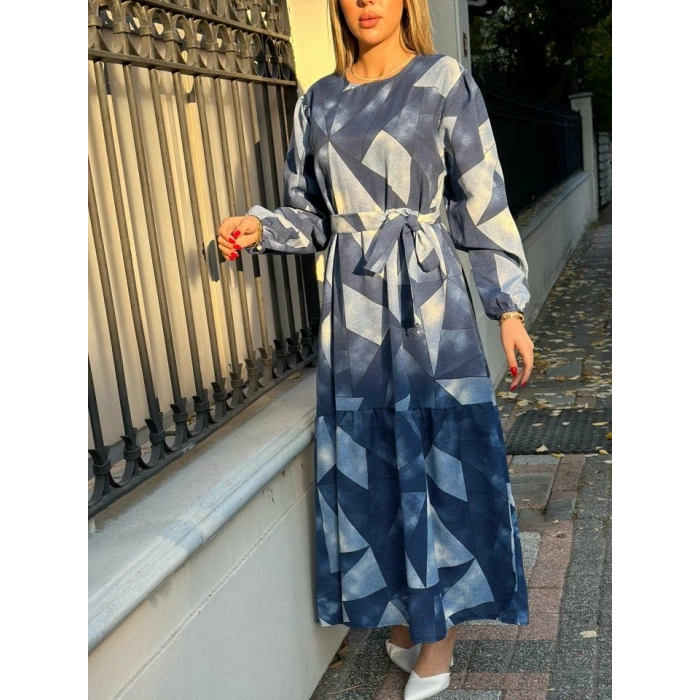 Kadın Uzun Kollu Bisiklet Yaka Geometrik Desen Baskılı Kuşak Dahil Maxi Boy Elbise