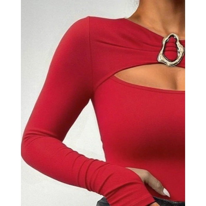 Kadın Uzun Kollu Bisiklet Yaka Göğüs Dekolteli Viskon Bluz