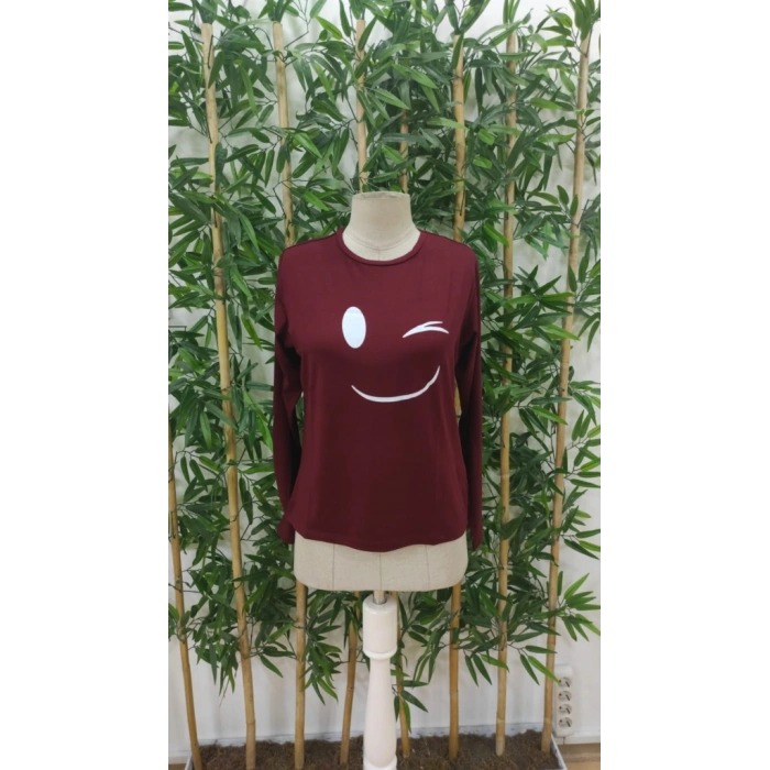 Kadın Uzun Kollu Bisiklet Yaka Gülen Yüz Desenli Viskon Bluz