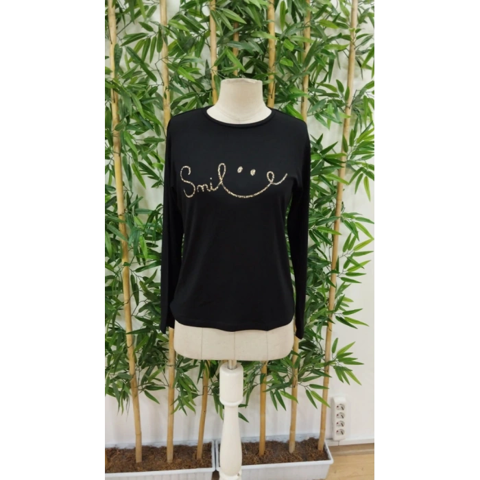 Kadın Uzun Kollu Bisiklet Yaka Gülümseyen Surat Desenli Viskon Bluz