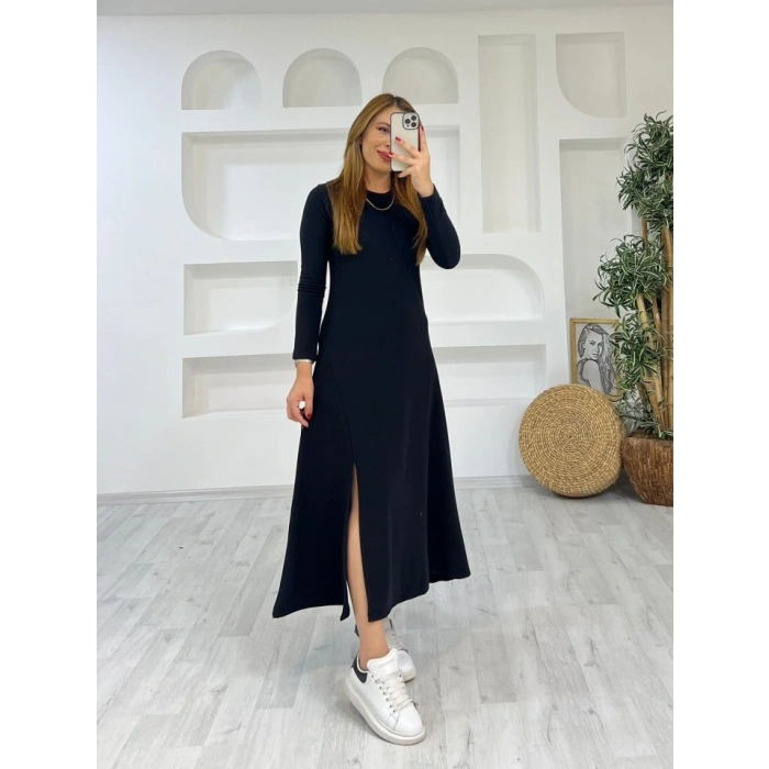 Kadın Uzun Kollu Bisiklet Yaka ize Kadar Yırtmaç Detay Maxi Boy Elbise