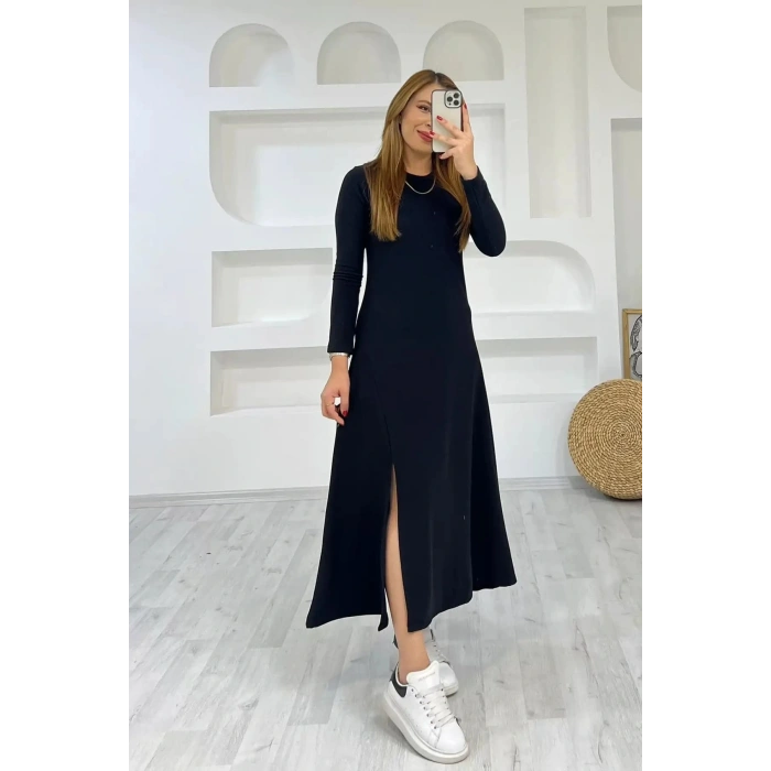 Kadın Uzun Kollu Bisiklet Yaka ize Kadar Yırtmaç Detay Maxi Boy Elbise