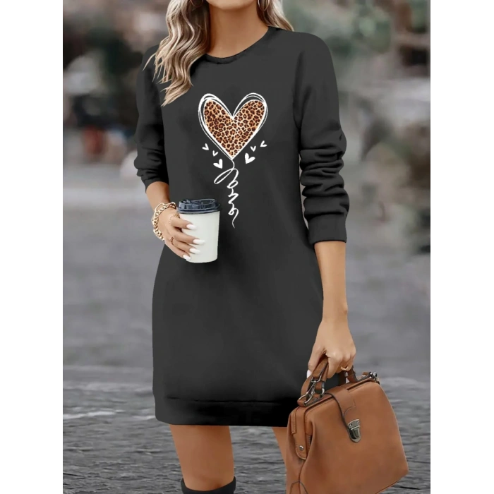 Kadın Uzun Kollu Bisiklet Yaka Kalp Desenli Kısa Viskon Elbise