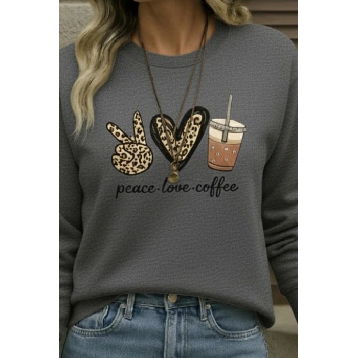 Kadın Uzun Kollu Bisiklet Yaka Kalp Desenli Viskon Iki Iplik Bluz