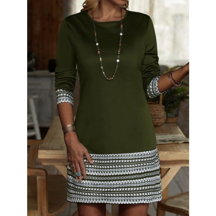 Kadın Uzun Kollu Bisiklet Yaka Kol Ağzı Ve Etek Ucu Baskılı Iki Iplik Elbise