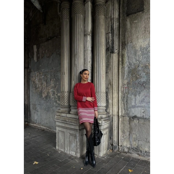 Kadın Uzun Kollu Bisiklet Yaka Kol Ağzı Ve Etek Ucu Baskılı Iki Iplik Elbise