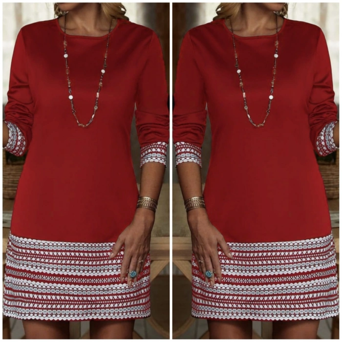 Kadın Uzun Kollu Bisiklet Yaka Kol Ağzı Ve Etek Ucu Baskılı Iki Iplik Elbise