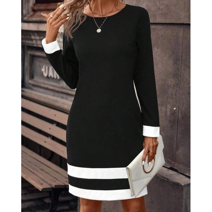 Kadın Uzun Kollu Bisiklet Yaka Kol Ve Tek Ucu şeritli Ithal Krep Midi Elbise