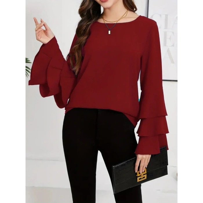 Kadın Uzun Kollu Bisiklet Yaka Kollar İspanyol Volanlı Sandy Bluz