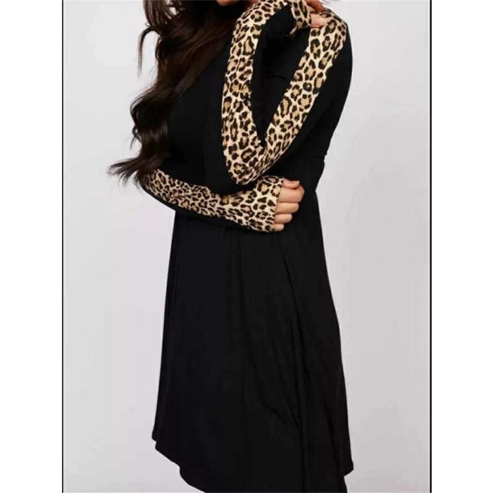 Kadın Uzun Kollu Bisiklet Yaka Kollar Leopar şeritli Salaş Iki Iplik Elbise