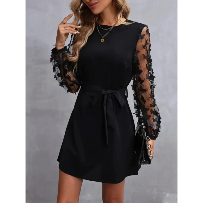 Kadın Uzun Kollu Bisiklet Yaka Kollar Tül Kelebek Detaylı Ithal Krep Elbise