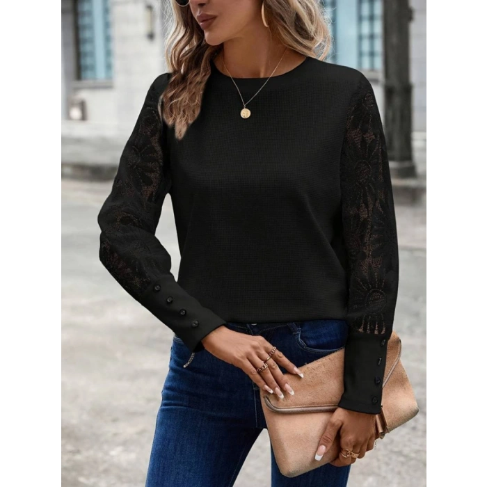 Kadın Uzun Kollu Bisiklet Yaka Kolları çiçekli Waffle Bluz