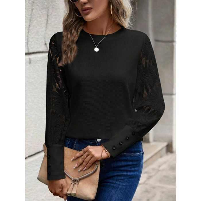 Kadın Uzun Kollu Bisiklet Yaka Kolları çiçekli Waffle Bluz