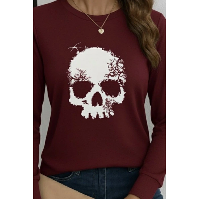 Kadın Uzun Kollu Bisiklet Yaka Kurukafa Desenli Viskon Bluz